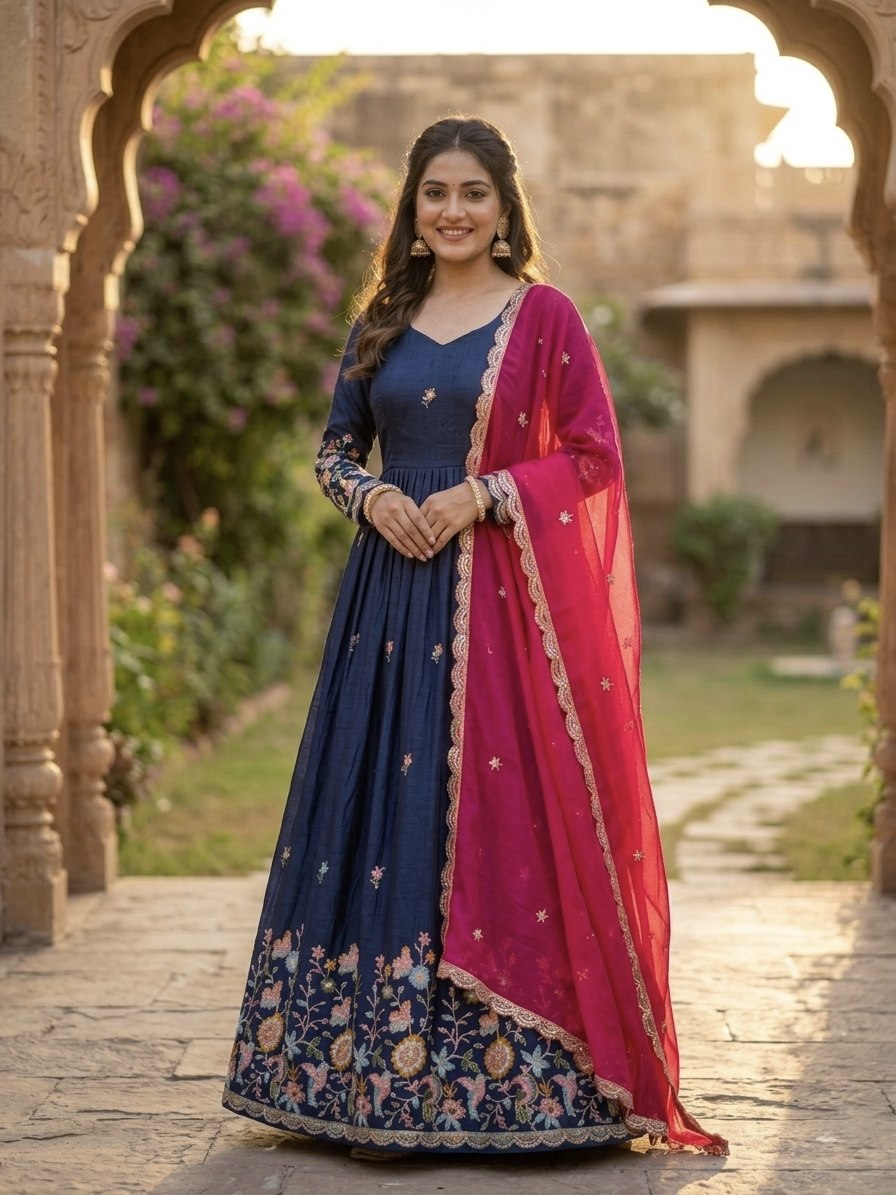 Navy Blue Fendi Silk Embroidered Gown with Pink Dupatta