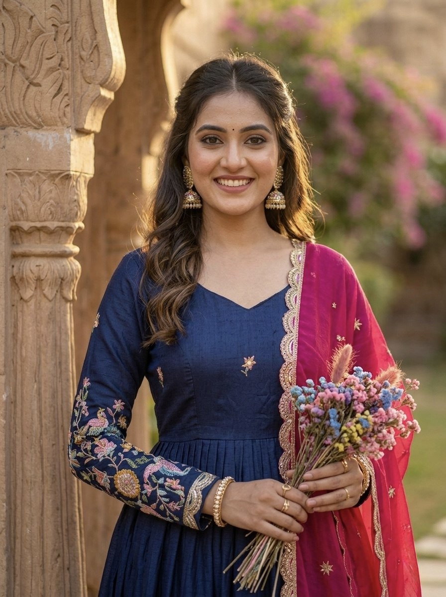 Navy Blue Fendi Silk Embroidered Gown with Pink Dupatta