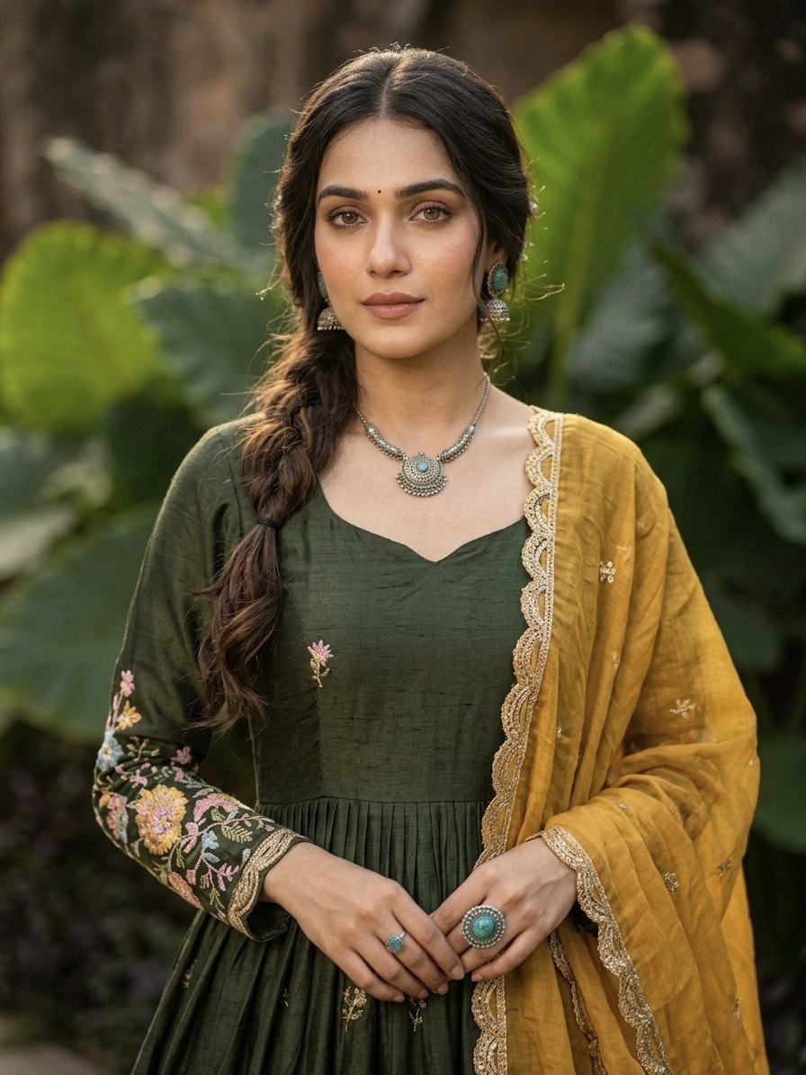 Green Fendi Silk Embroidered Gown with Pink Dupatta