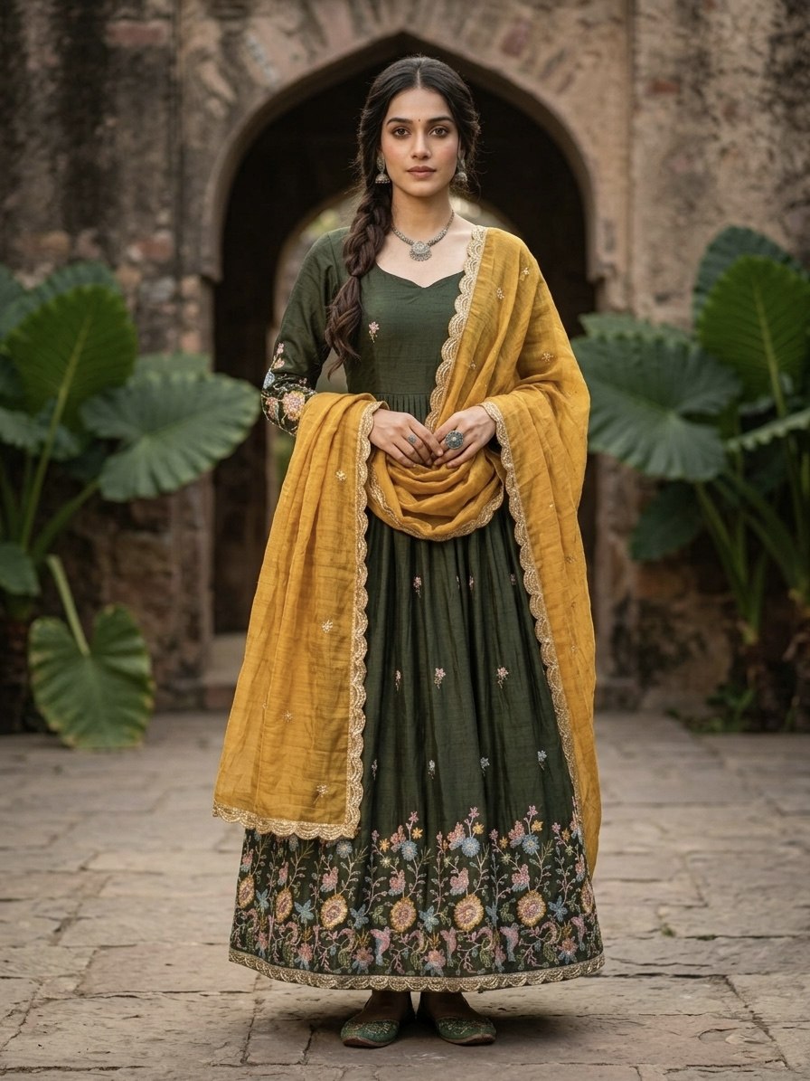 Green Fendi Silk Embroidered Gown with Pink Dupatta