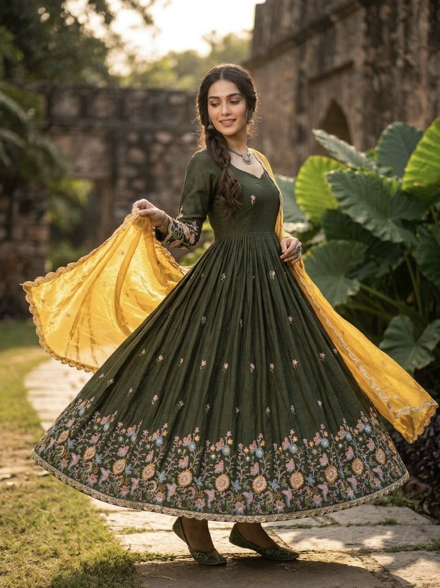 Green Fendi Silk Embroidered Gown with Pink Dupatta