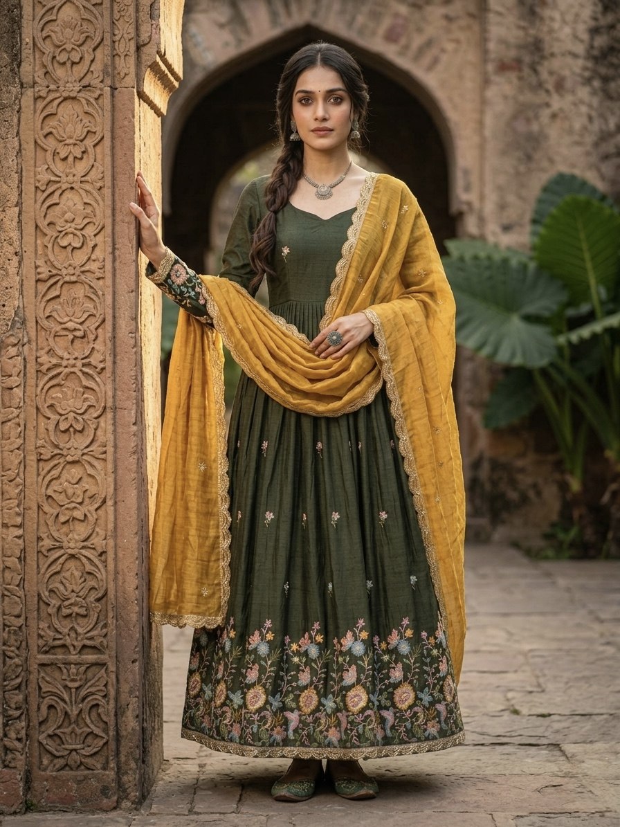 Green Fendi Silk Embroidered Gown with Pink Dupatta