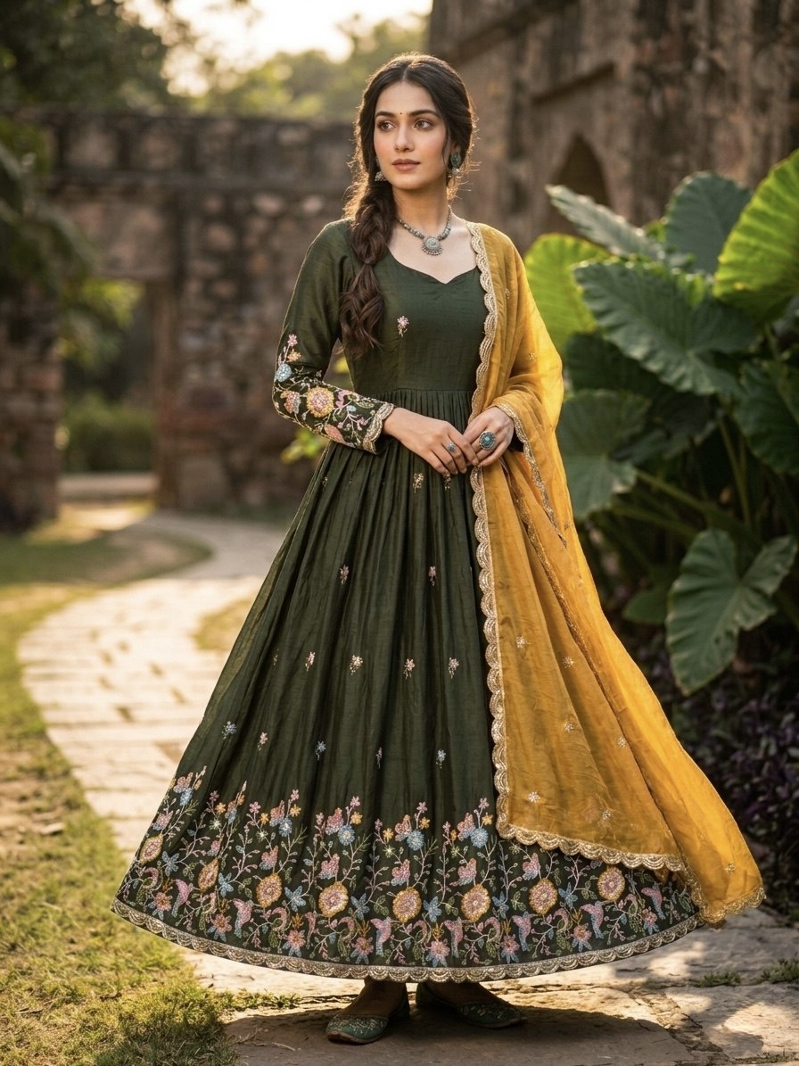Green Fendi Silk Embroidered Gown with Pink Dupatta