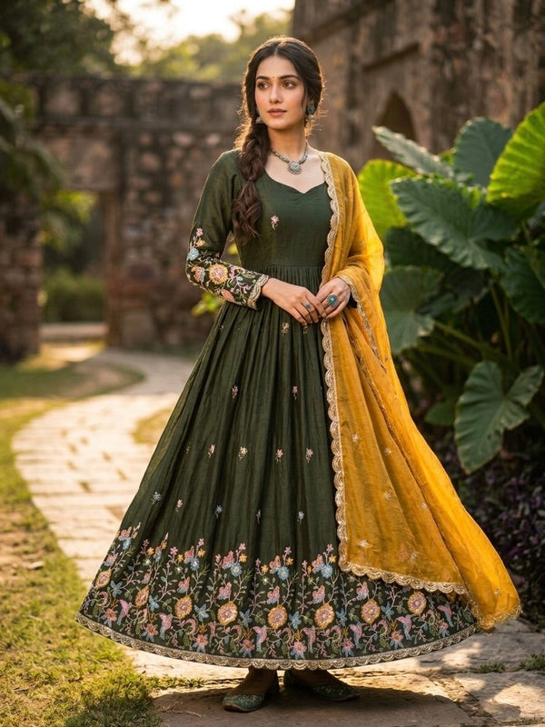 Green Fendi Silk Embroidered Gown with Pink Dupatta
