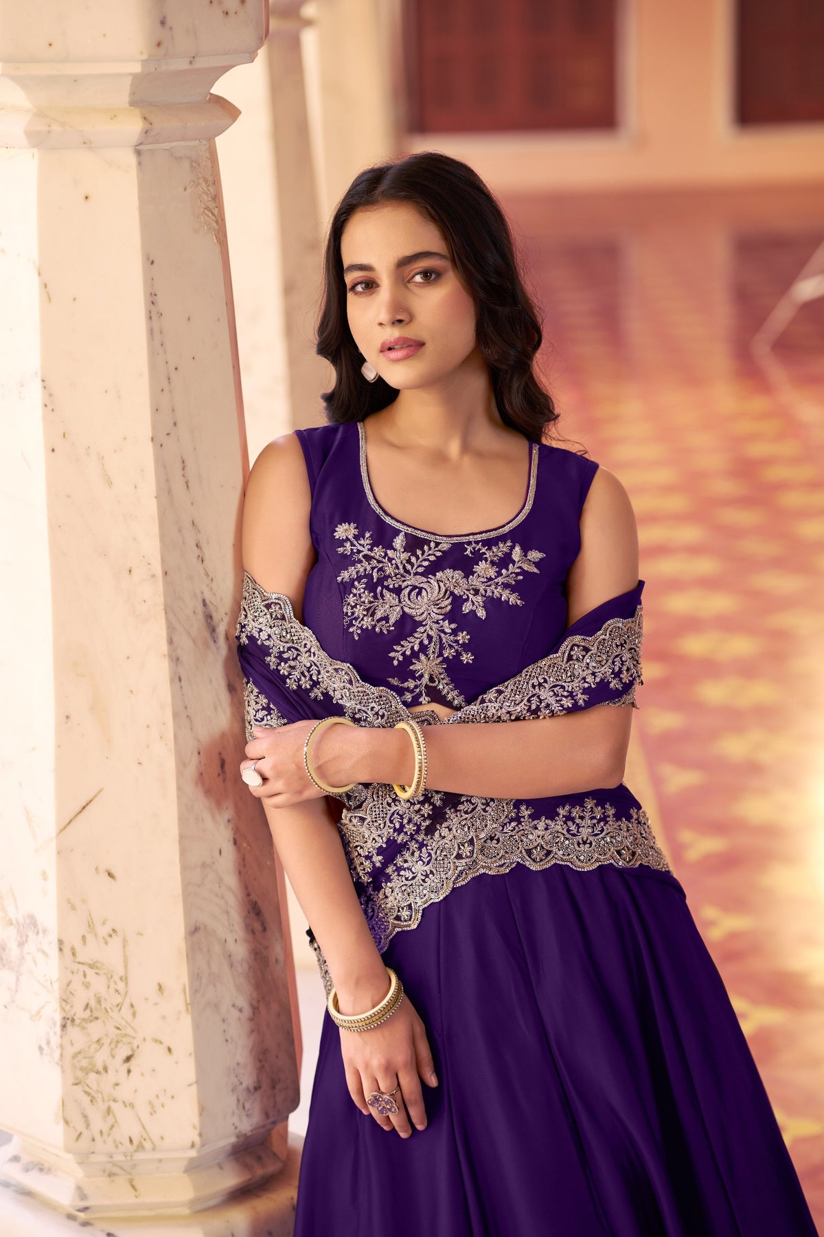 Dark Purple Rangoli Silk Lehenga Choli Set