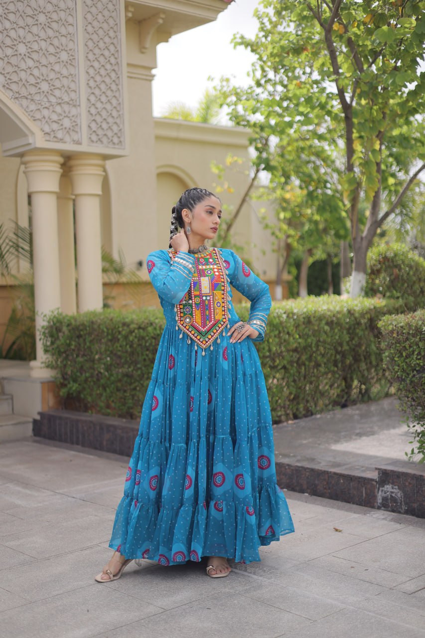 Blue Bandhani Print Kutchi Work Navratri Gown