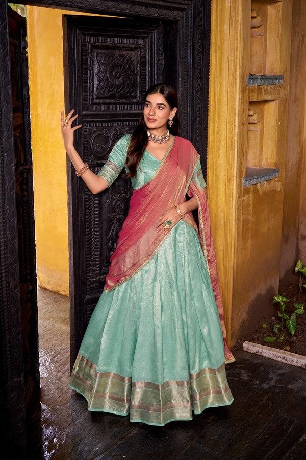 Sky Blue Dupion Silk Lehenga Choli Set with Mocha Shimmer Dupatta