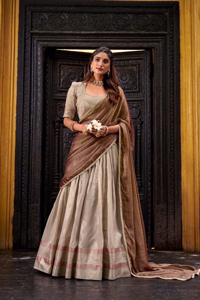 Beige Dupion Silk Lehenga Choli Set with Mocha Shimmer Dupatta