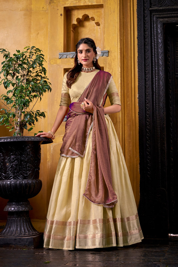 Pastel Gold Dupion Silk Lehenga Choli Set with Mocha Shimmer Dupatta