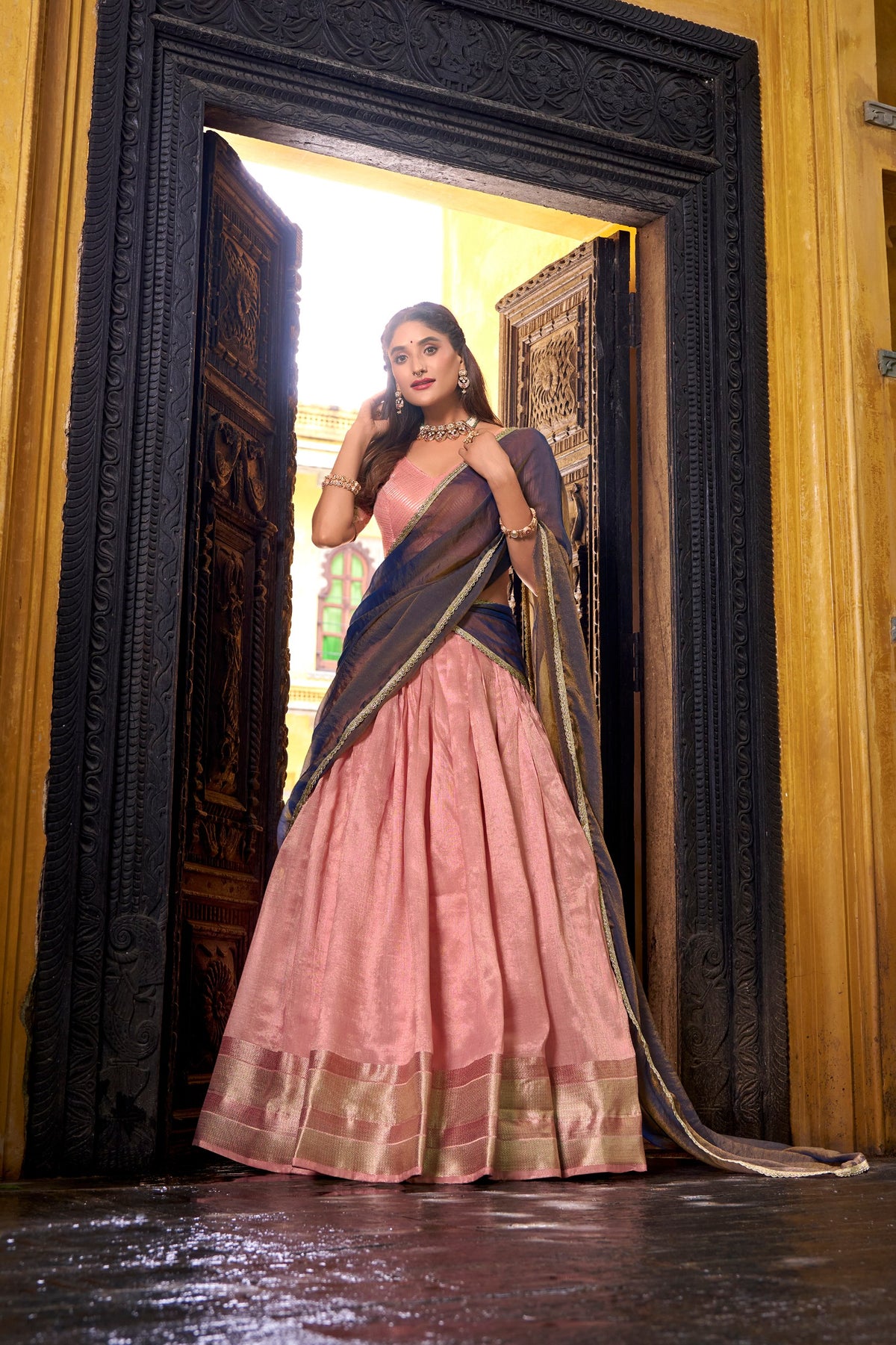 Peach Dupion Silk Lehenga Choli Set with Mocha Shimmer Dupatta