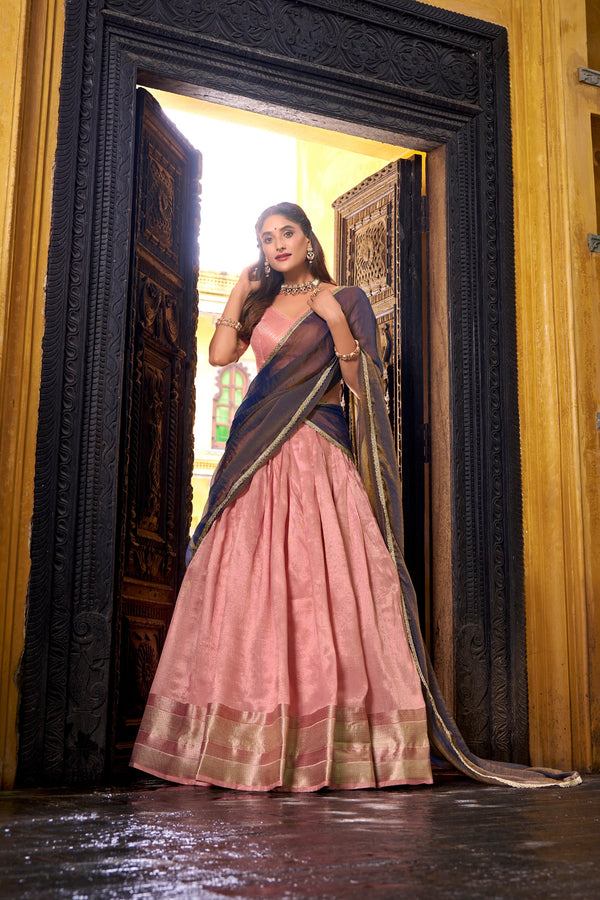 Peach Dupion Silk Lehenga Choli Set with Mocha Shimmer Dupatta
