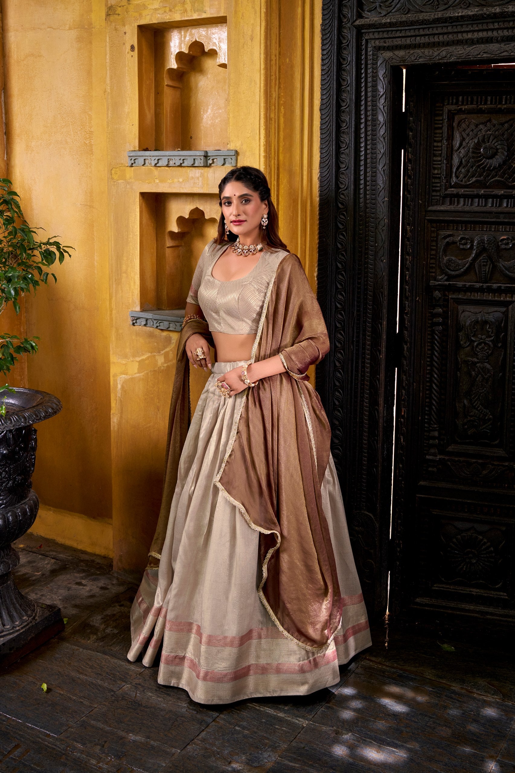 Beige Dupion Silk Lehenga Choli Set with Mocha Shimmer Dupatta