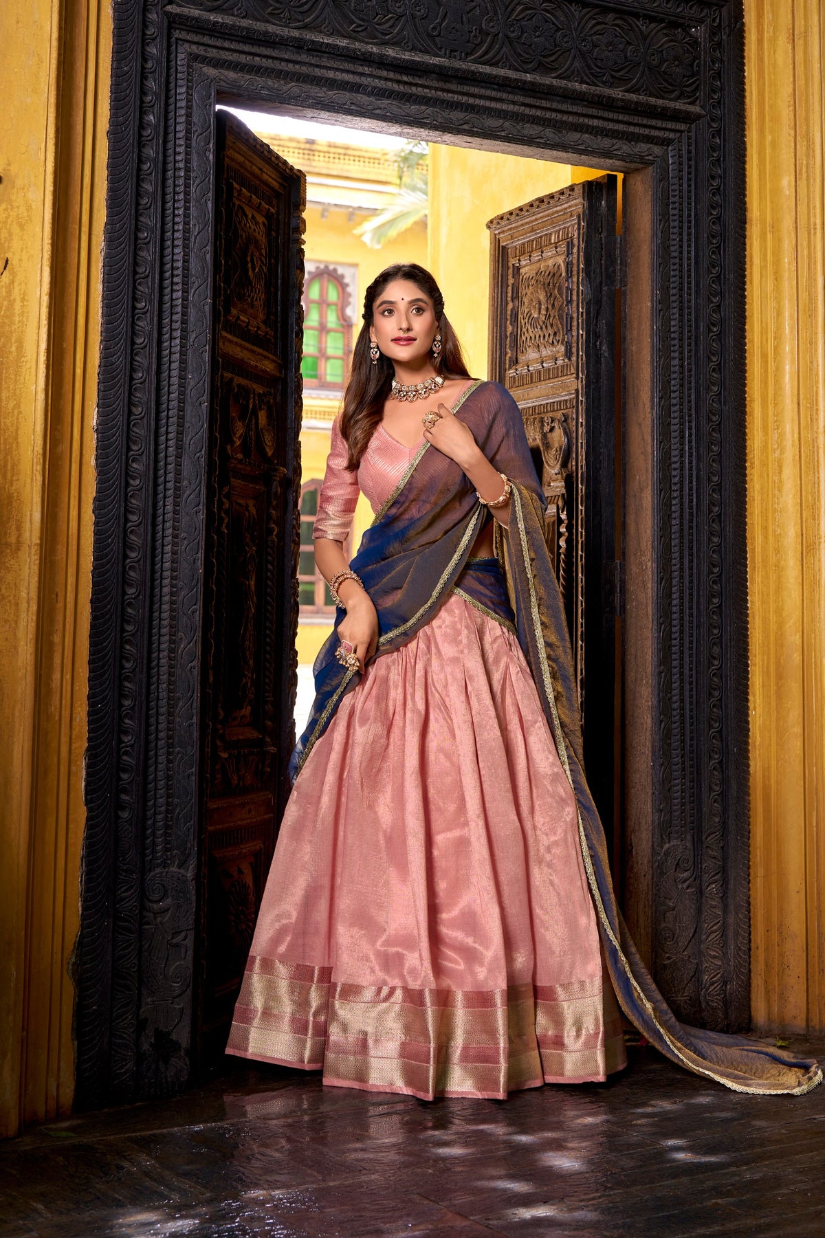 Peach Dupion Silk Lehenga Choli Set with Mocha Shimmer Dupatta
