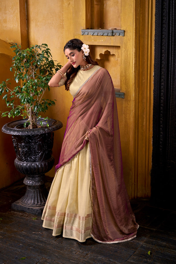 Pastel Gold Dupion Silk Lehenga Choli Set with Mocha Shimmer Dupatta