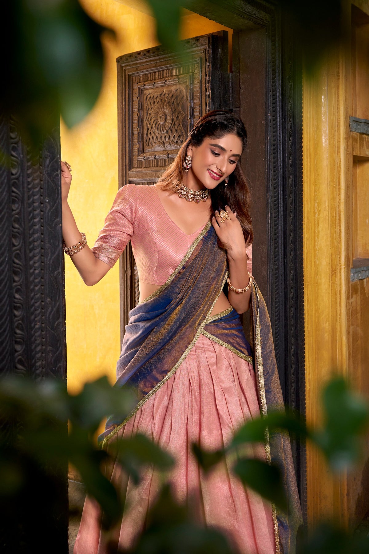 Peach Dupion Silk Lehenga Choli Set with Mocha Shimmer Dupatta