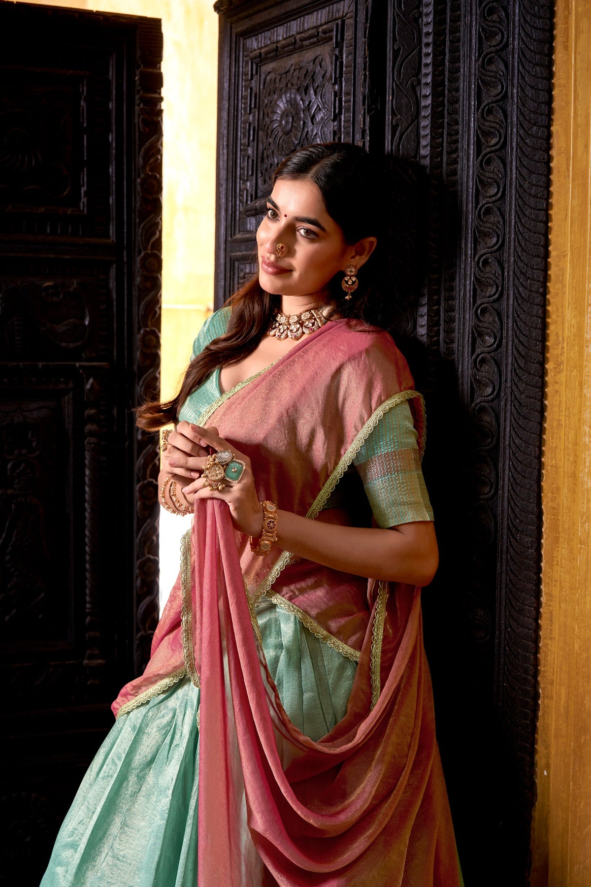 Sky Blue Dupion Silk Lehenga Choli Set with Mocha Shimmer Dupatta