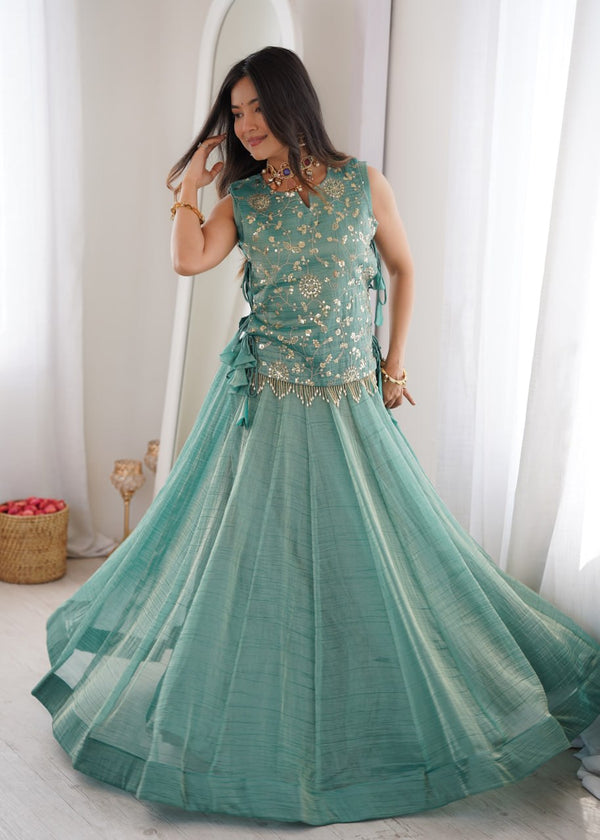 Sky Blue Salsa Crush Lehenga Choli Set with Zari Embroidered Koti