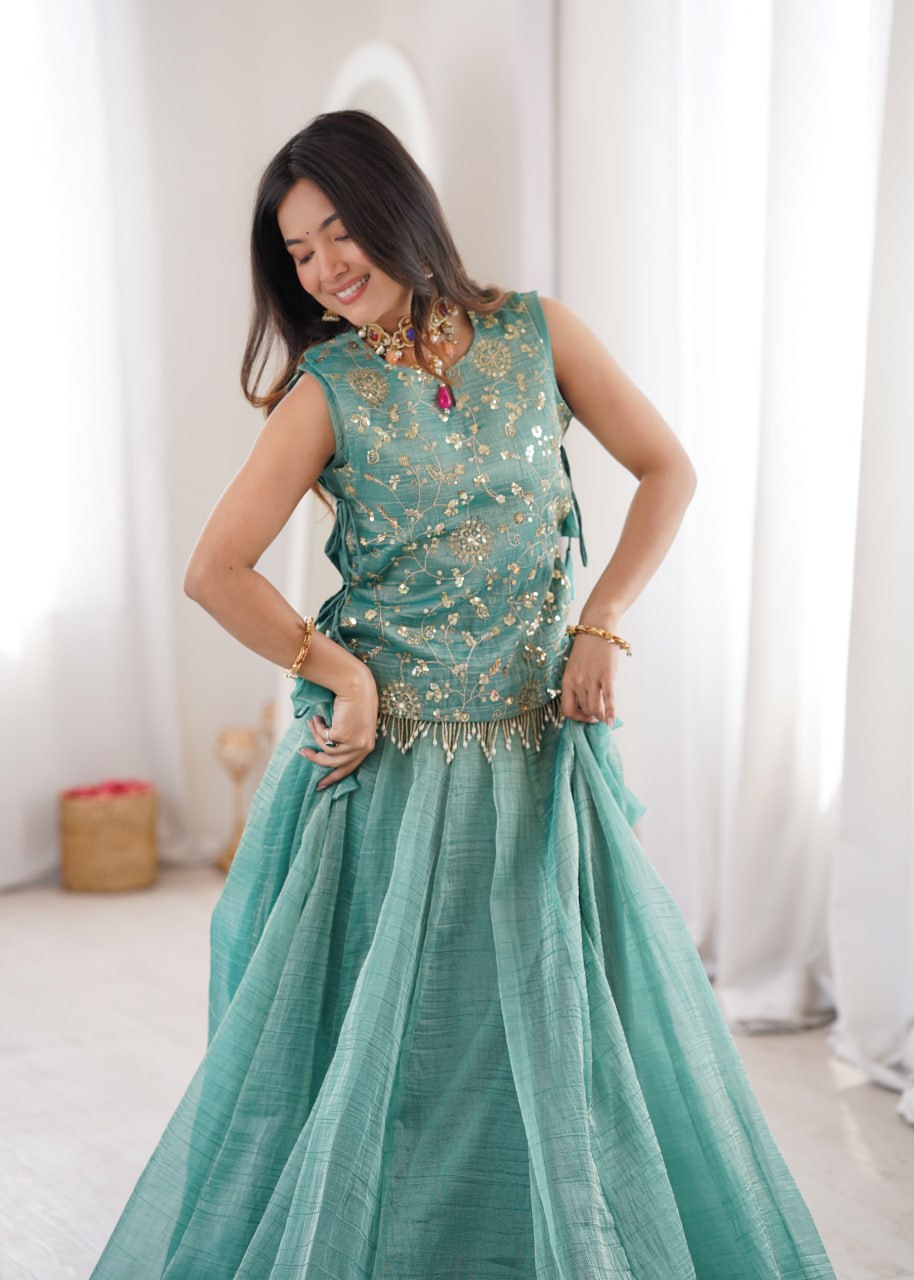 Sky Blue Salsa Crush Lehenga Choli Set with Zari Embroidered Koti