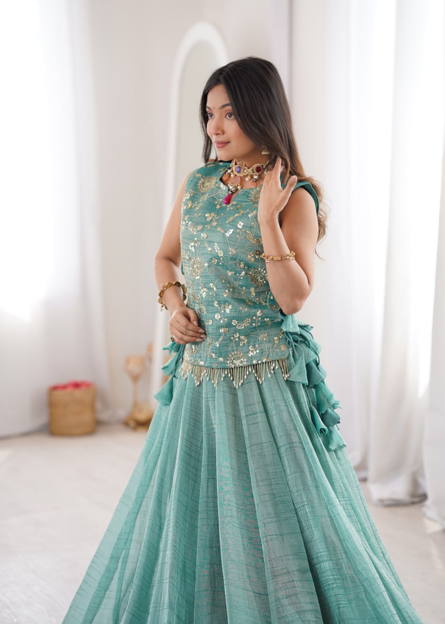 Sky Blue Salsa Crush Lehenga Choli Set with Zari Embroidered Koti