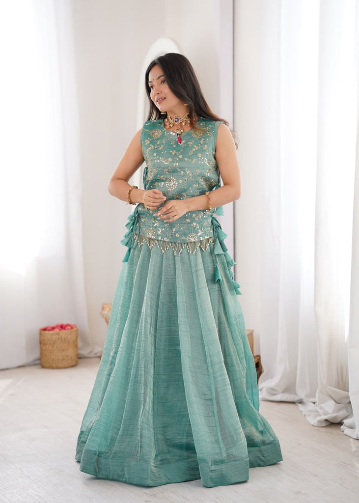 Sky Blue Salsa Crush Lehenga Choli Set with Zari Embroidered Koti