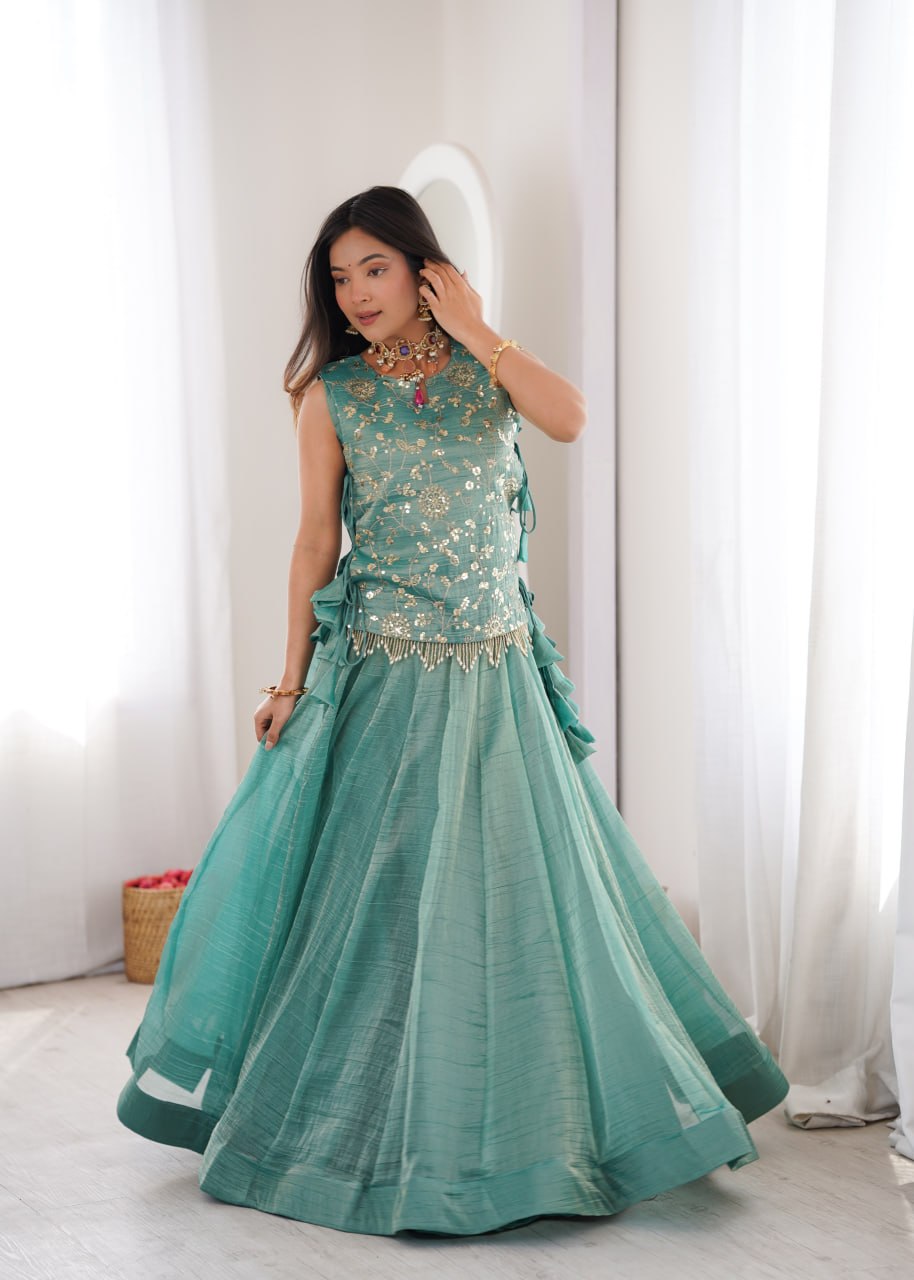 Sky Blue Salsa Crush Lehenga Choli Set with Zari Embroidered Koti