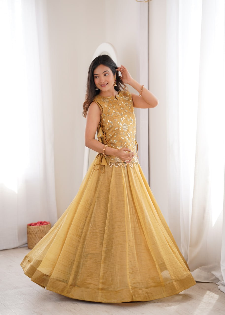 Yellow Gold Salsa Crush Lehenga Choli Set with Zari Embroidered Koti