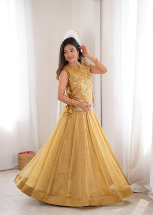 Yellow Gold Salsa Crush Lehenga Choli Set with Zari Embroidered Koti