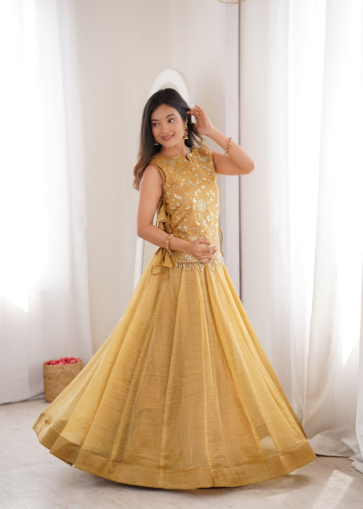 Yellow Gold Salsa Crush Lehenga Choli Set with Zari Embroidered Koti