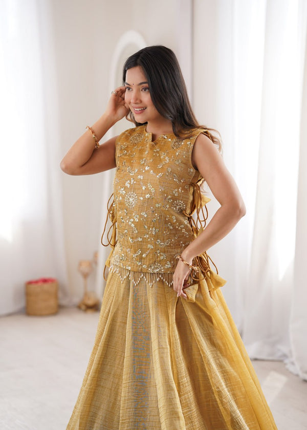 Yellow Gold Salsa Crush Lehenga Choli Set with Zari Embroidered Koti