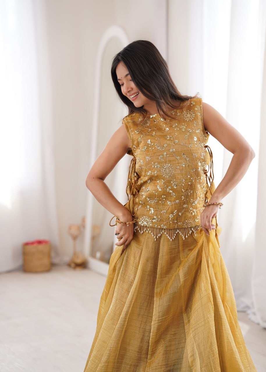 Yellow Gold Salsa Crush Lehenga Choli Set with Zari Embroidered Koti