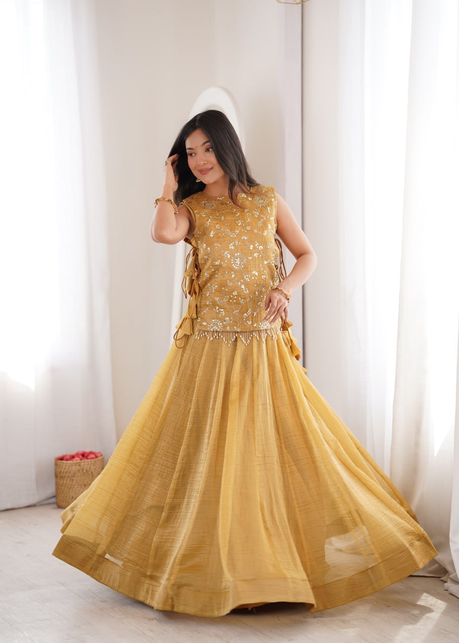 Yellow Gold Salsa Crush Lehenga Choli Set with Zari Embroidered Koti
