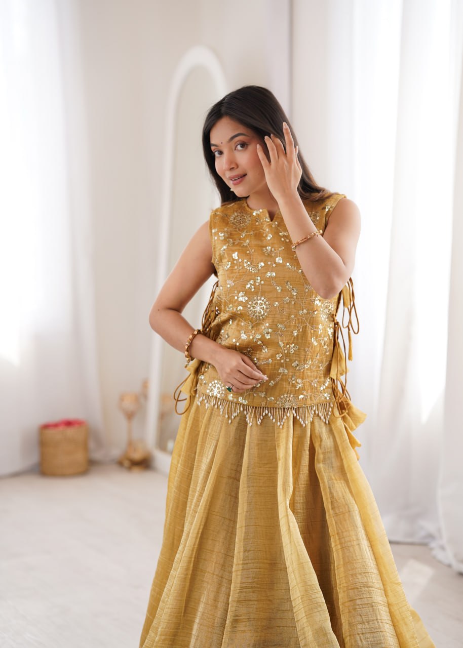 Yellow Gold Salsa Crush Lehenga Choli Set with Zari Embroidered Koti