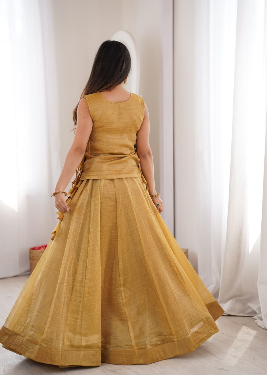 Yellow Gold Salsa Crush Lehenga Choli Set with Zari Embroidered Koti