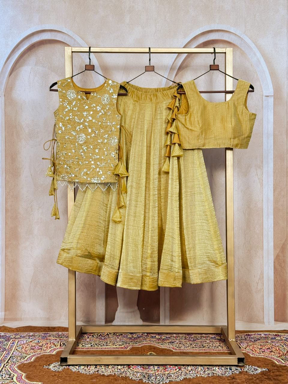 Yellow Gold Salsa Crush Lehenga Choli Set with Zari Embroidered Koti