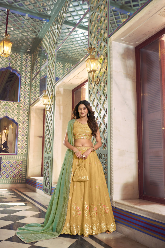 Pastel Gold NC Moss Silk Lehenga Choli Set with Sage Green Dupatta