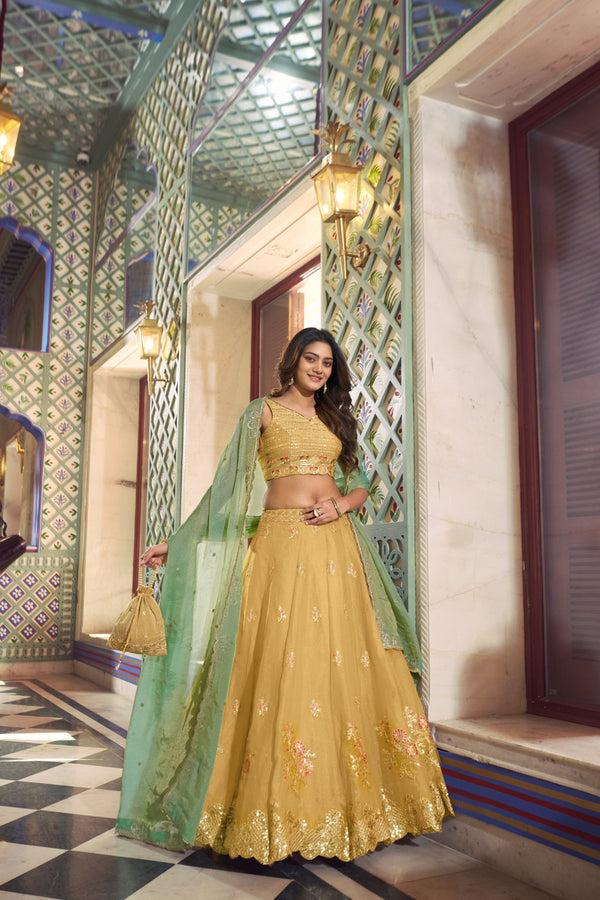 Pastel Gold NC Moss Silk Lehenga Choli Set with Sage Green Dupatta