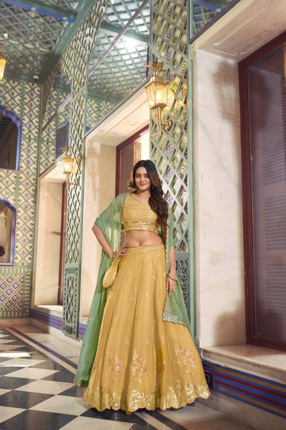 Pastel Gold NC Moss Silk Lehenga Choli Set with Sage Green Dupatta