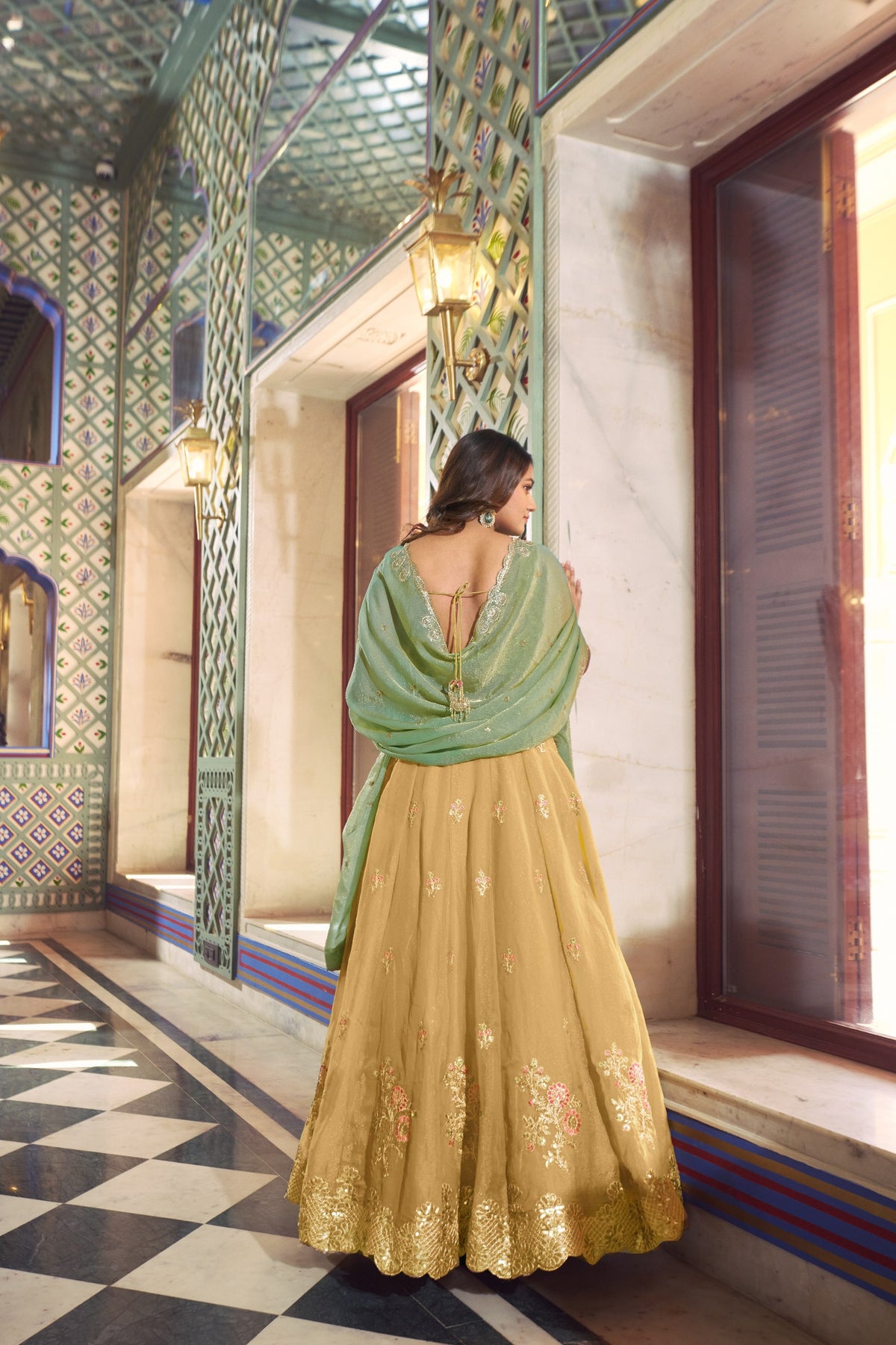 Pastel Gold NC Moss Silk Lehenga Choli Set with Sage Green Dupatta