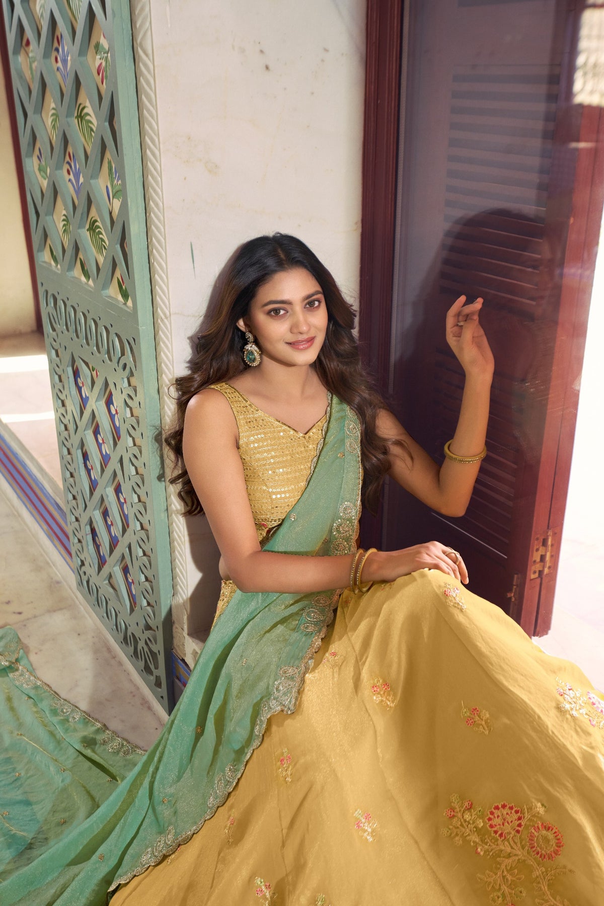 Pastel Gold NC Moss Silk Lehenga Choli Set with Sage Green Dupatta