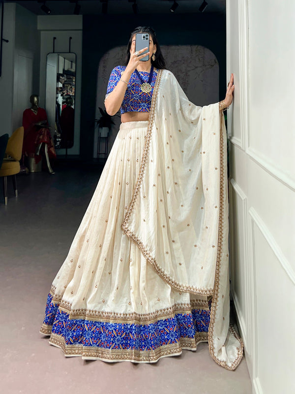 Ivory and Royal Blue Embroidered Vichitra Silk Lehenga Choli Set