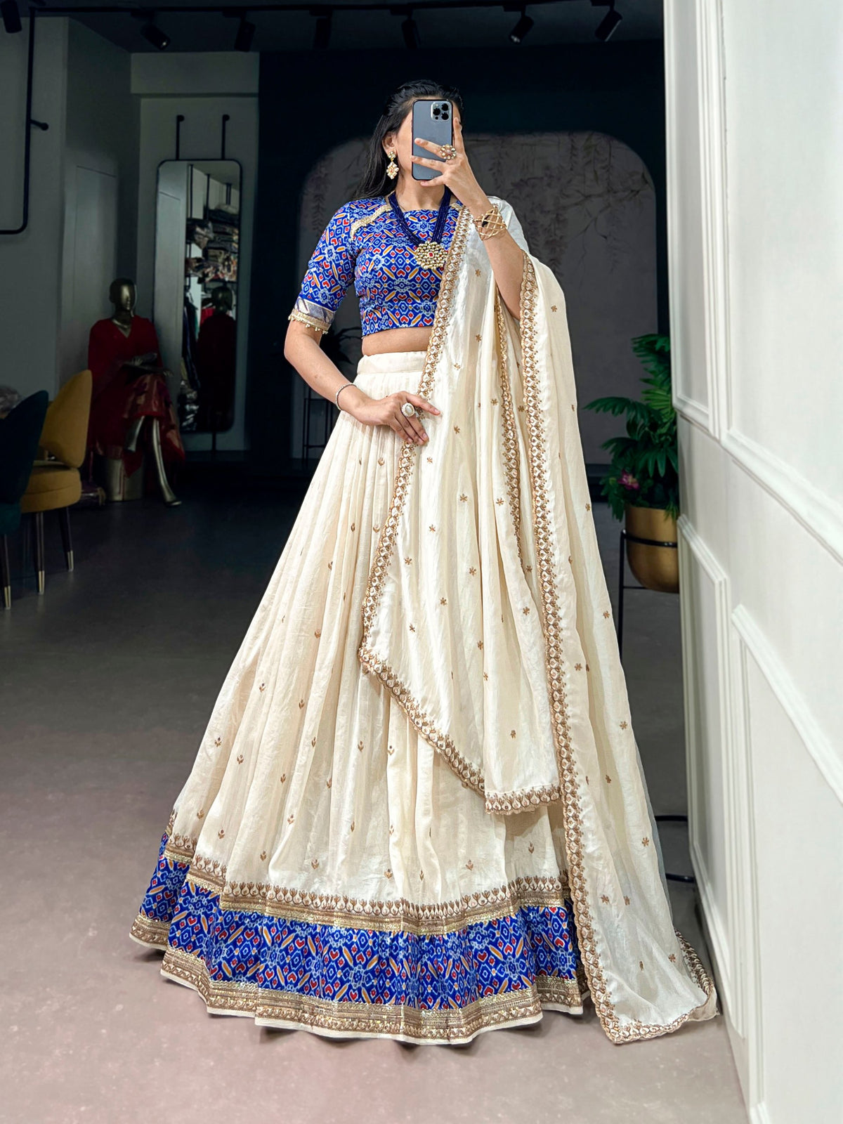 Ivory and Royal Blue Embroidered Vichitra Silk Lehenga Choli Set