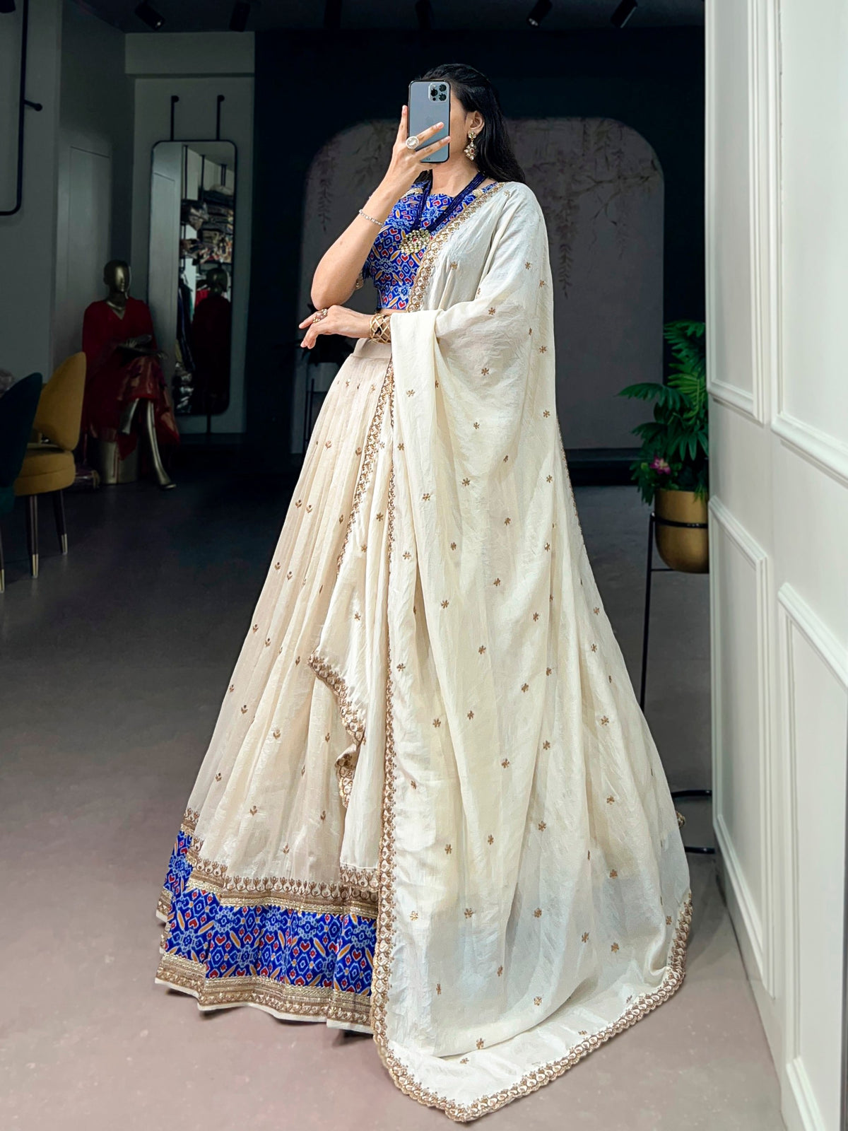 Ivory and Royal Blue Embroidered Vichitra Silk Lehenga Choli Set