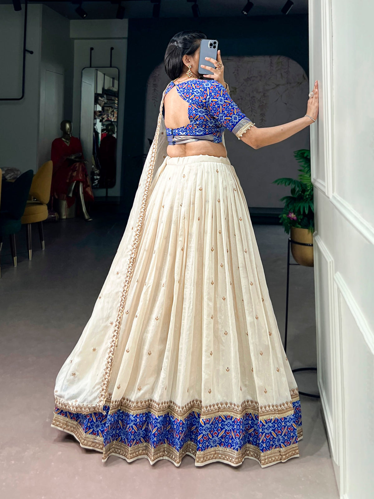 Ivory and Royal Blue Embroidered Vichitra Silk Lehenga Choli Set