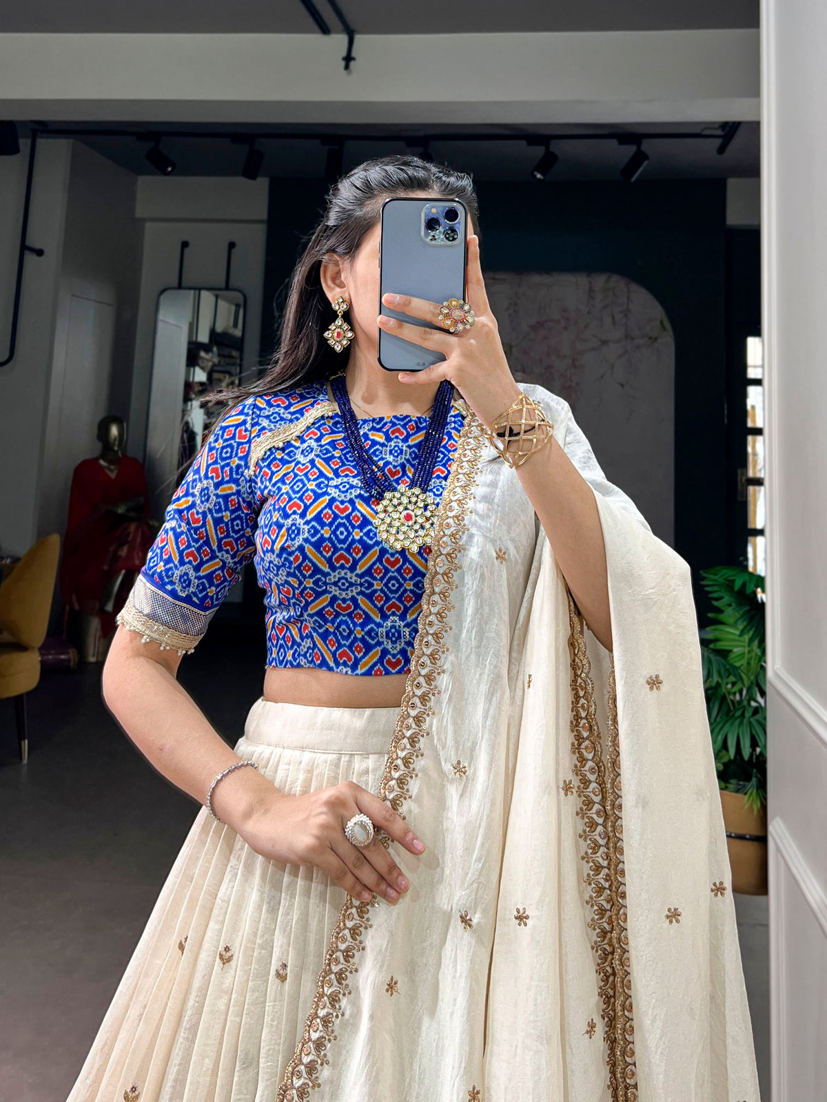 Ivory and Royal Blue Embroidered Vichitra Silk Lehenga Choli Set