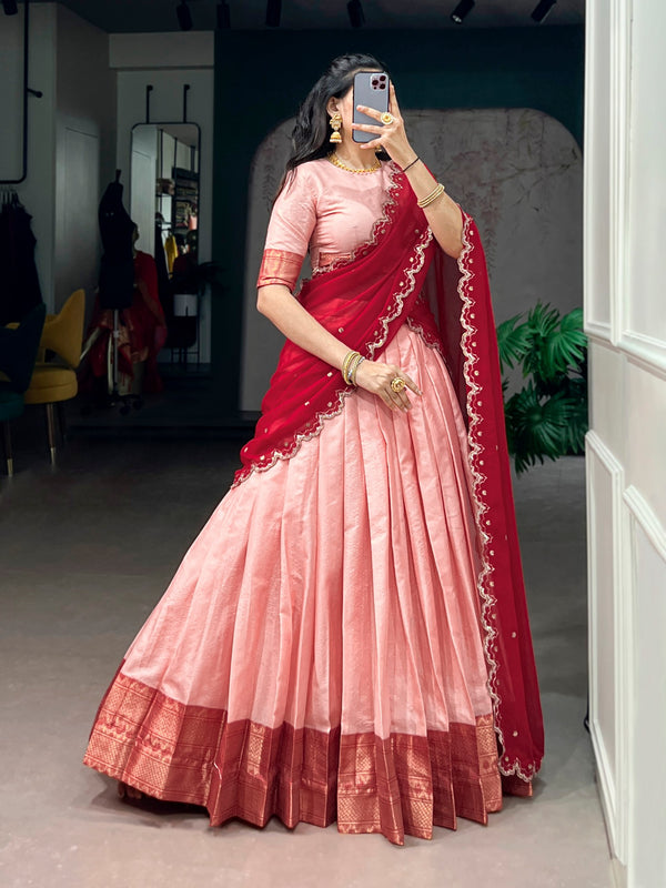 Peach Cotton Silk Zari Lehenga Choli with Plum Dupatta