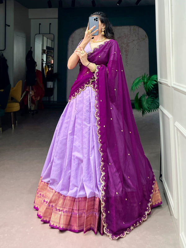 Lavender Cotton Silk Zari Lehenga Choli with Plum Dupatta