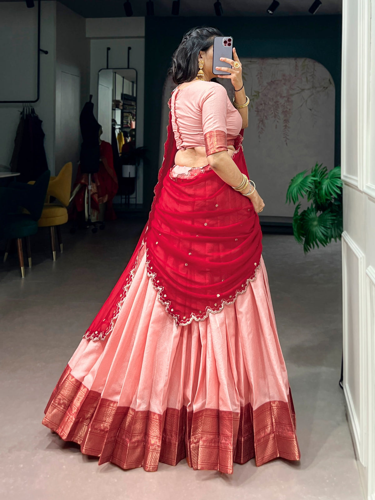 Peach Cotton Silk Zari Lehenga Choli with Plum Dupatta
