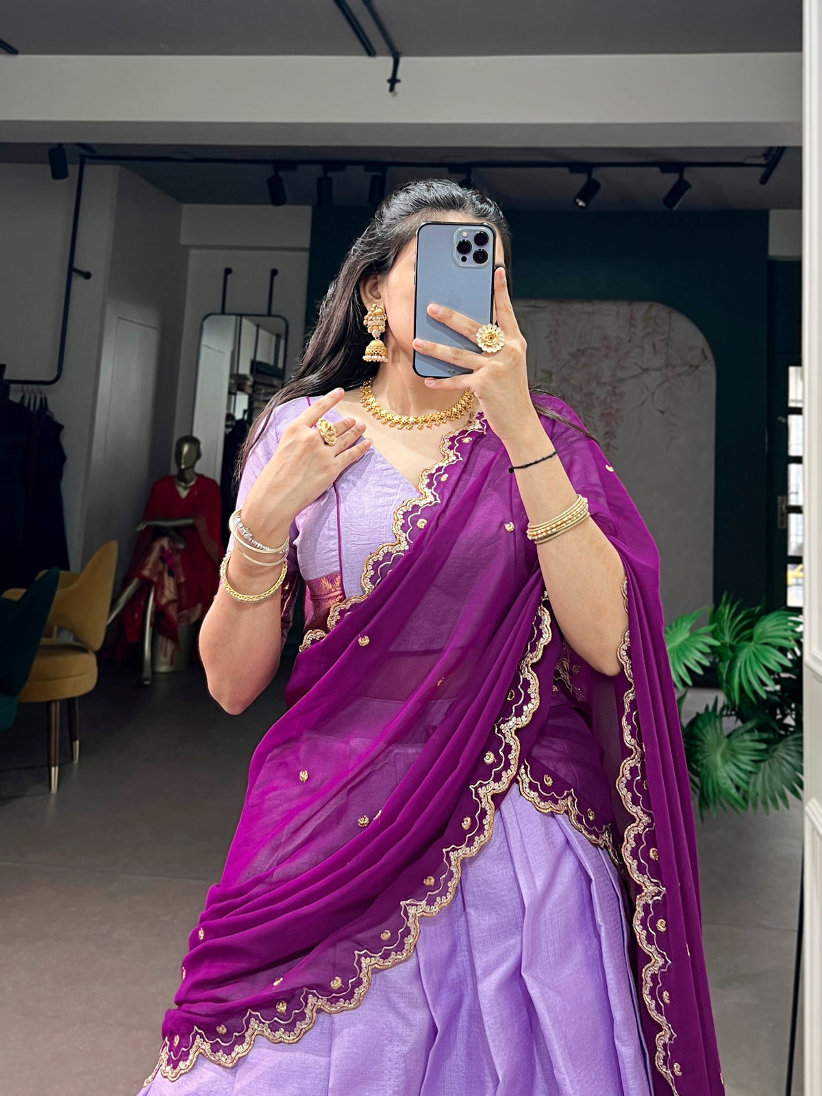 Lavender Cotton Silk Zari Lehenga Choli with Plum Dupatta