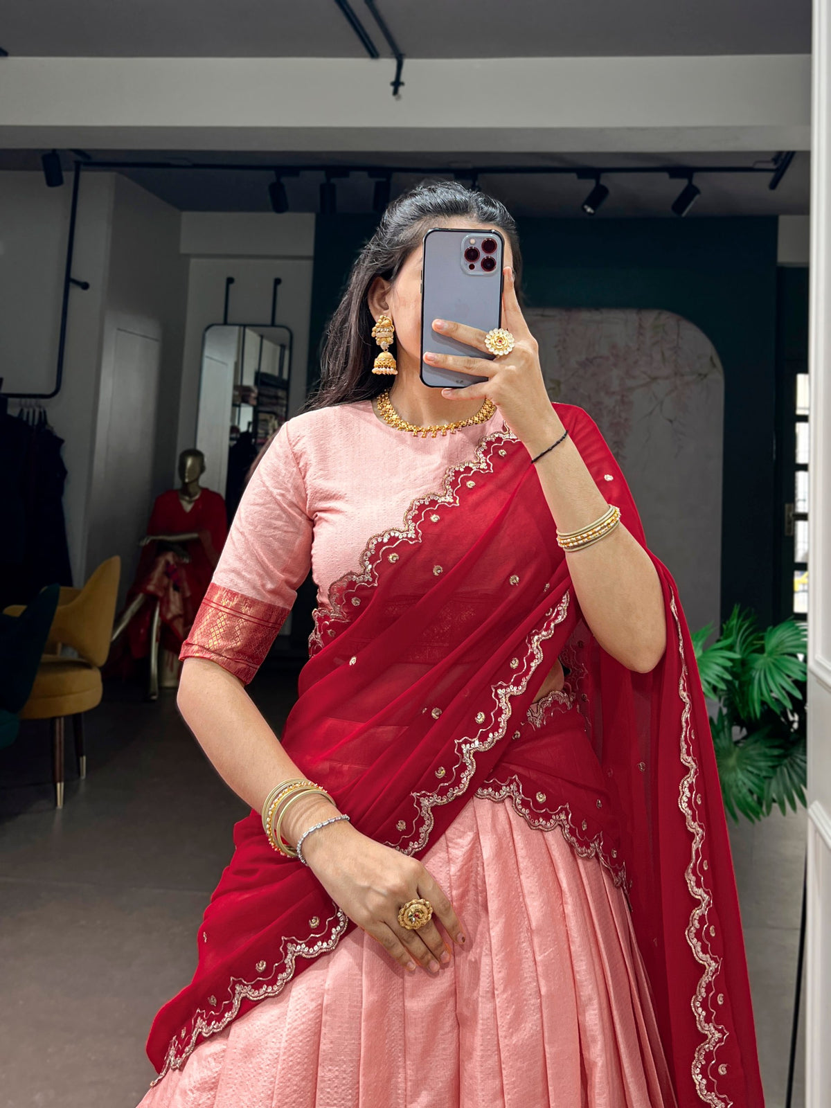 Peach Cotton Silk Zari Lehenga Choli with Plum Dupatta