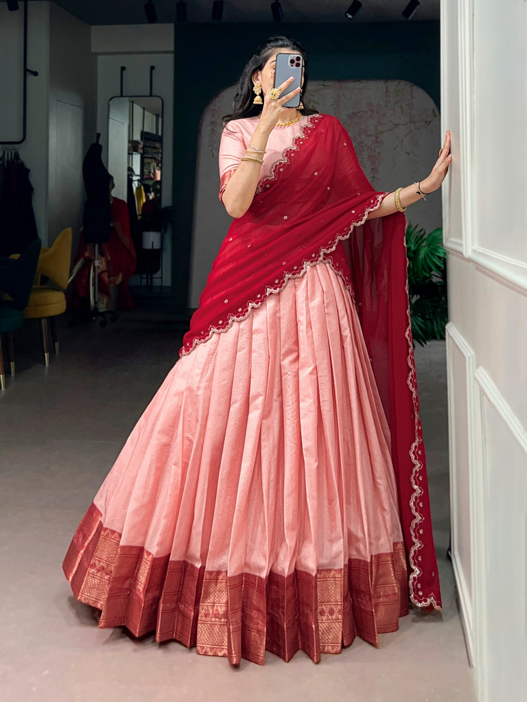 Peach Cotton Silk Zari Lehenga Choli with Plum Dupatta